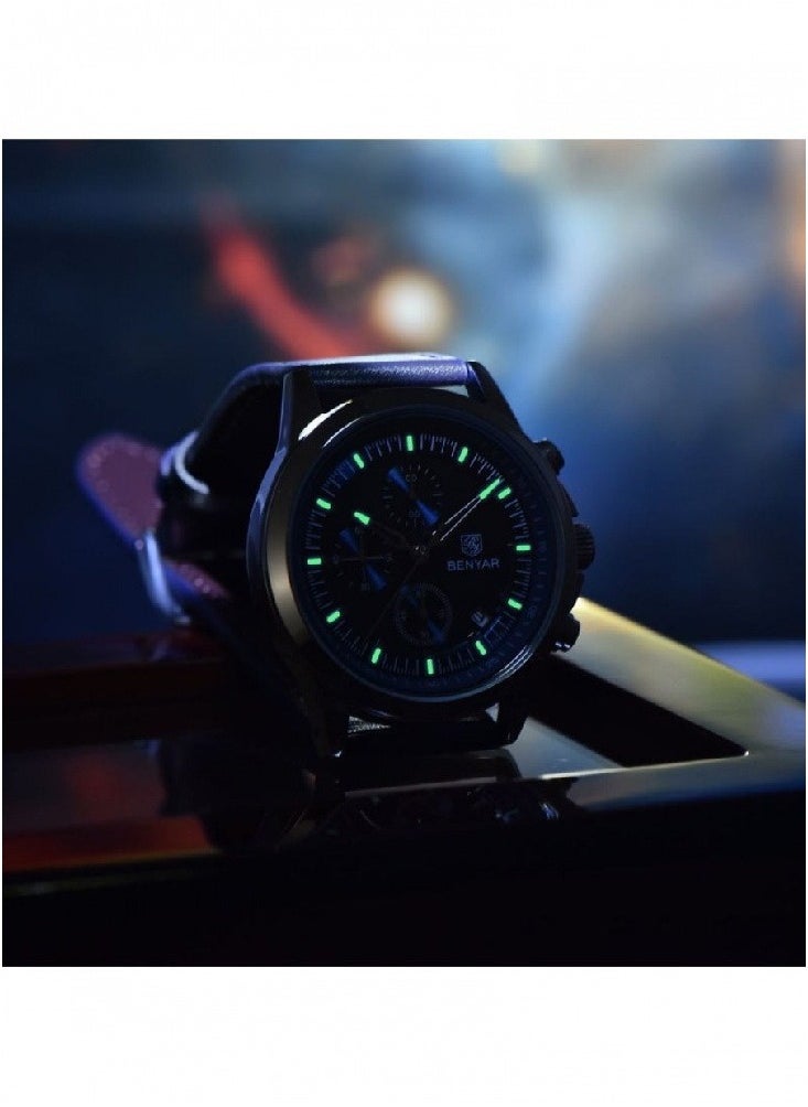 Watches for Men Luxury Quartz Water Resistant Watch Men's Chronograph Genuine Leather Strap 5210 Blue