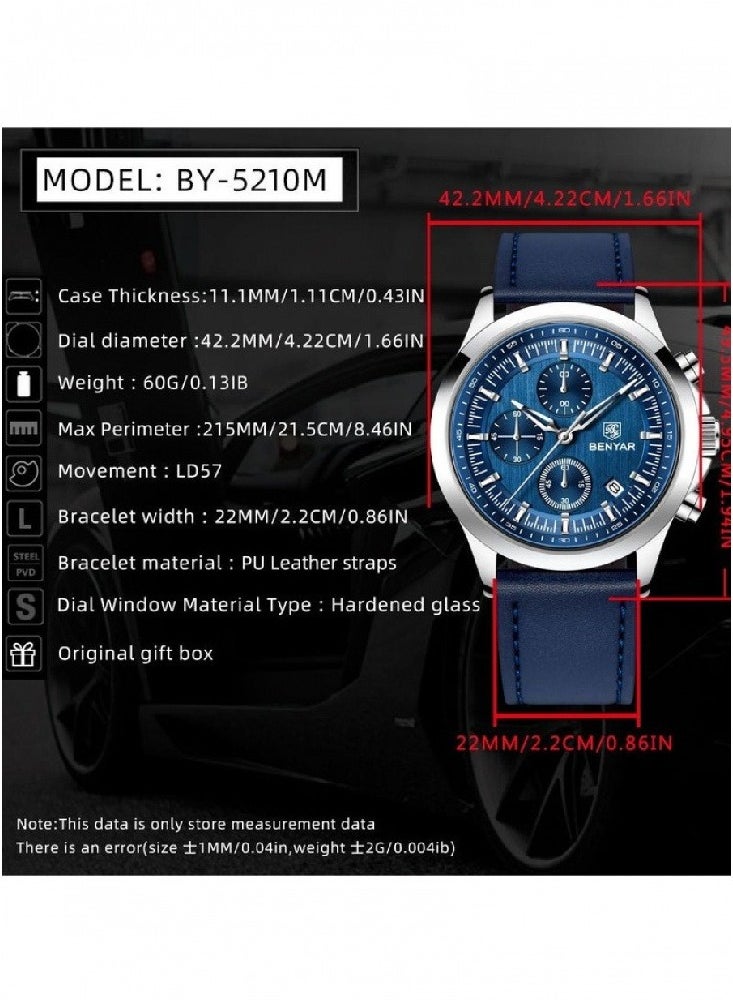 Watches for Men Luxury Quartz Water Resistant Watch Men's Chronograph Genuine Leather Strap 5210 Blue