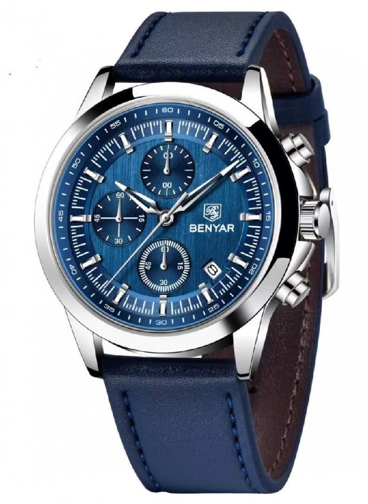 Watches for Men Luxury Quartz Water Resistant Watch Men's Chronograph Genuine Leather Strap 5210 Blue
