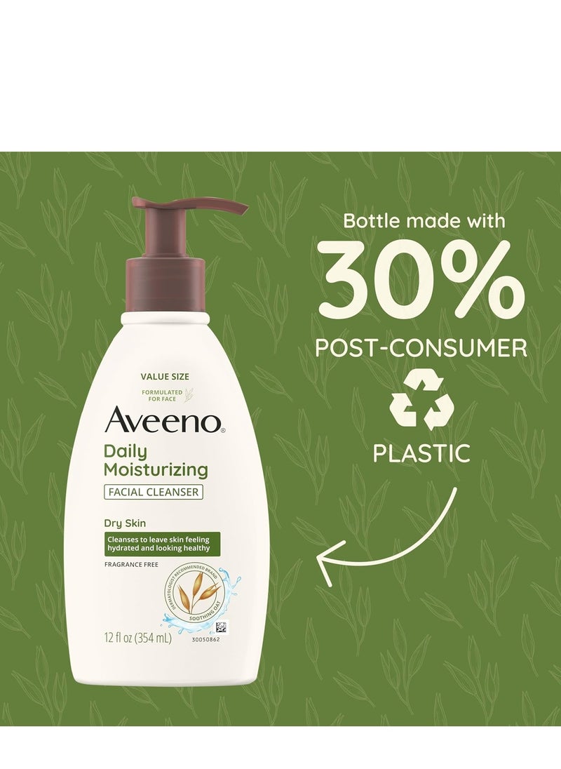 Aveeno Daily Moisturizing Facial Cleanser for Dry Skin, Gentle Face Cleanser with Soothing Oat for Skin that Feels Soft & Supple, Removes Dirt, Oil and Impurities, Fragrance Free, 12 FL OZ