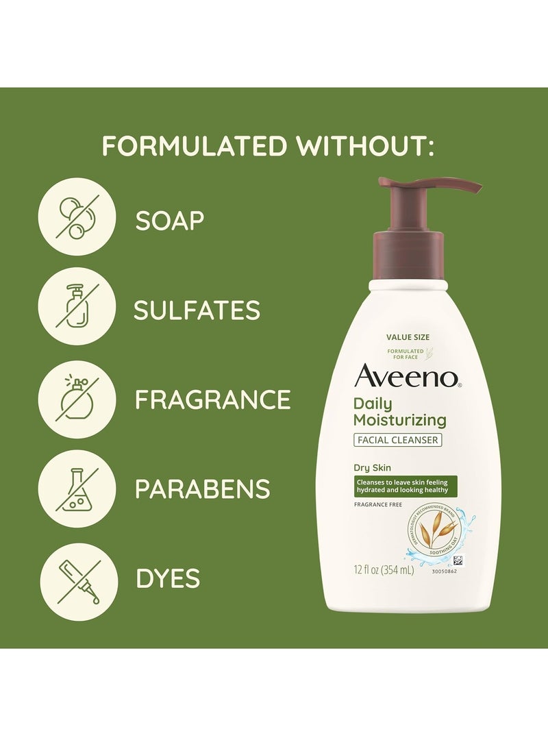Aveeno Daily Moisturizing Facial Cleanser for Dry Skin, Gentle Face Cleanser with Soothing Oat for Skin that Feels Soft & Supple, Removes Dirt, Oil and Impurities, Fragrance Free, 12 FL OZ