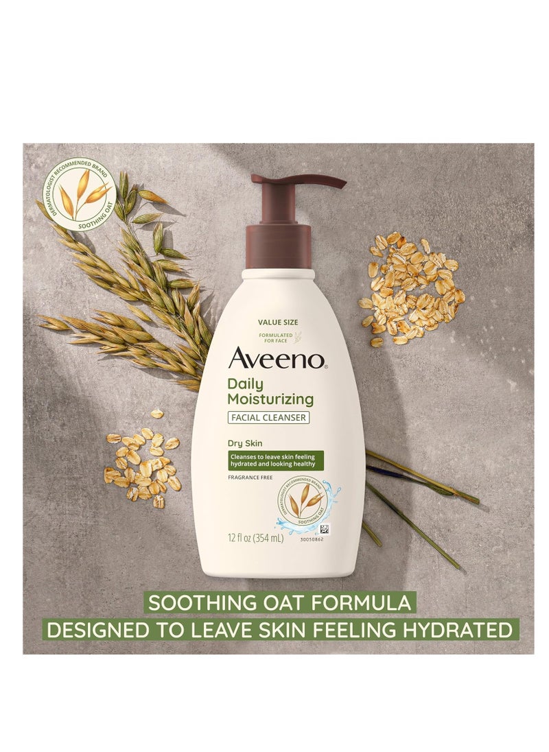 Aveeno Daily Moisturizing Facial Cleanser for Dry Skin, Gentle Face Cleanser with Soothing Oat for Skin that Feels Soft & Supple, Removes Dirt, Oil and Impurities, Fragrance Free, 12 FL OZ