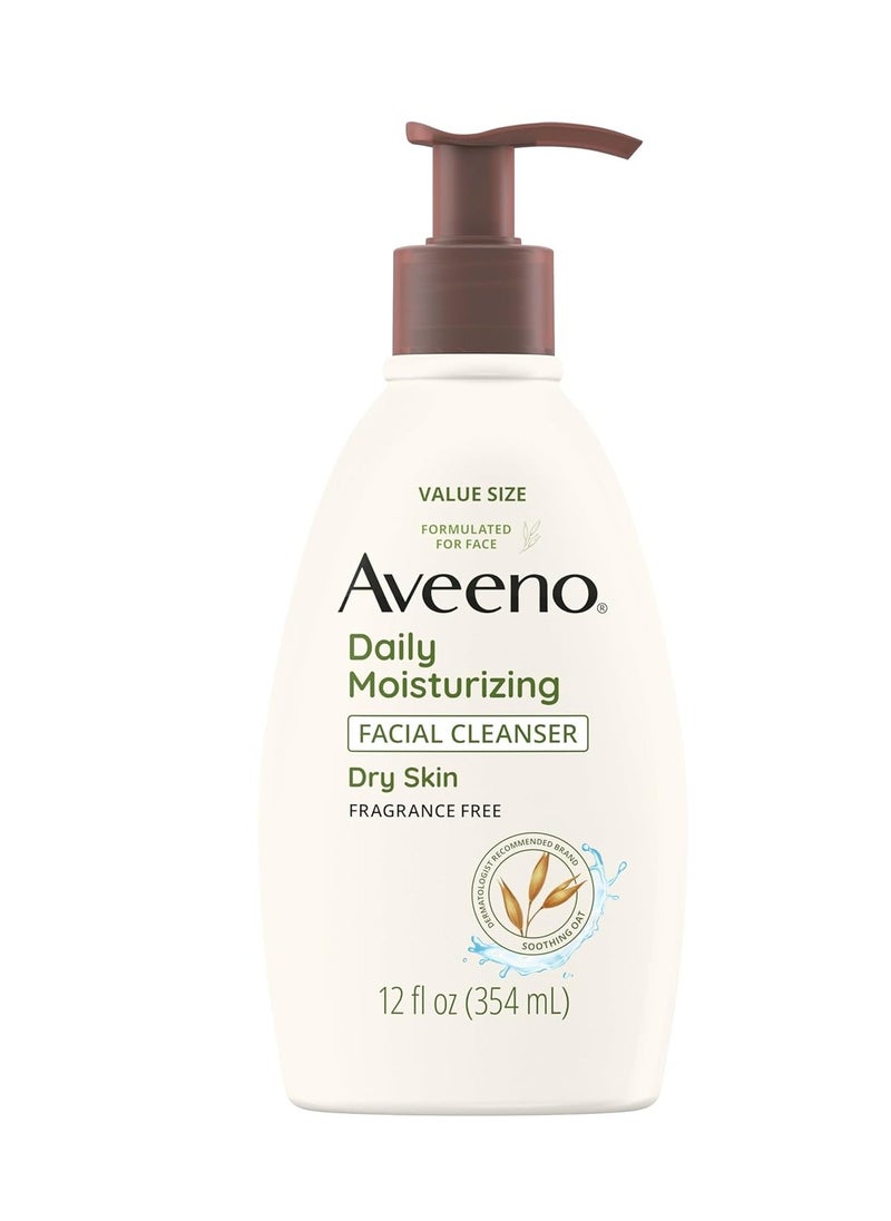 Aveeno Daily Moisturizing Facial Cleanser for Dry Skin, Gentle Face Cleanser with Soothing Oat for Skin that Feels Soft & Supple, Removes Dirt, Oil and Impurities, Fragrance Free, 12 FL OZ