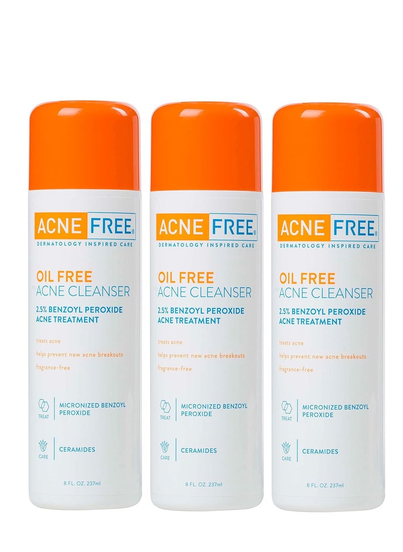 AcneFree Oil-Free Acne Cleanser for Oily Skin and Acne Prone Skin Formulated with Benzoyl Peroxide 2.5%, helps Clear Blemishes and Nourish Skin, 8 Fl Oz (Pack of 3)