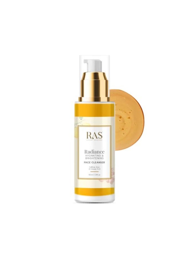 Luxury Oils Radiance Brightening & Hydrating Face Wash Cleanser | With Saffron, Hyaluronic, Rose & Orange Peel | Gentle Sulphate free cleanser for Glowing & Supple skin | For All Skin Types 50 ml