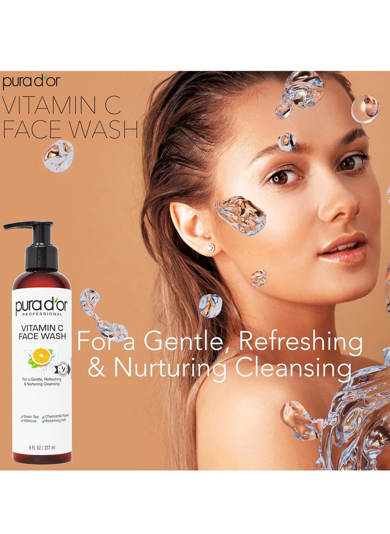 PURA D'OR 8 Oz Vitamin C Face Wash - Antioxidant Rich Facial Cleanser For Radiant Glow & Even Skin Tone - Gentle, Refreshing, Nurturing, Hydrating - Sulfate & Paraben Free - All Skin Types