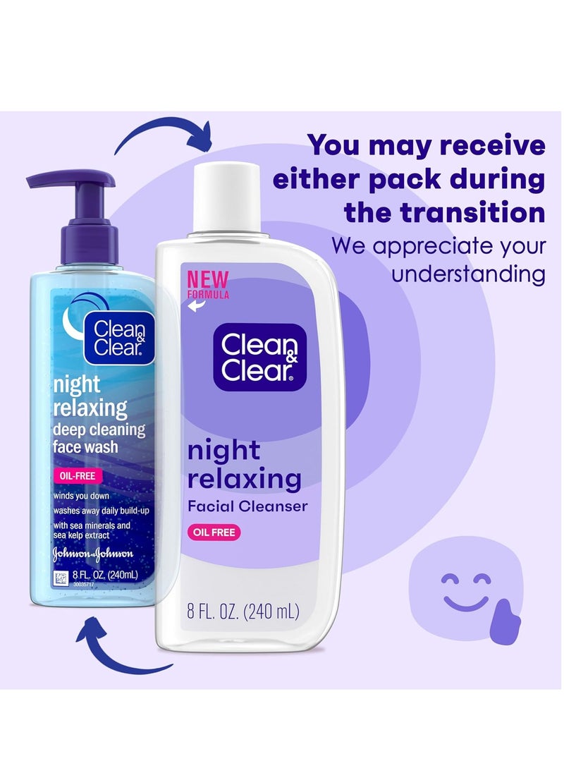 Clean & Clear Night Relaxing Oil-Free Deep Cleaning Face Wash with Deep Sea Minerals & Sea Kelp Extract, For All Skin Types, 8 fl. oz (Pack of 2)