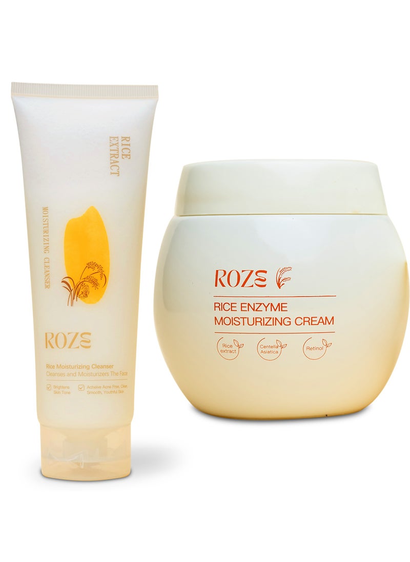 Roze Skin Care Set | Rice Facial Cleanser 120ml | Rice Enzyme Moisturizing Cream 50g | No Dark Spots | Radiant Glow