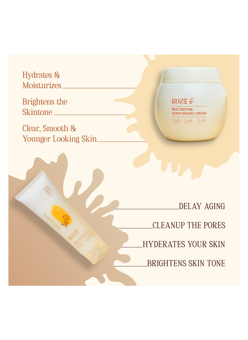 Roze Skin Care Set | Rice Facial Cleanser 120ml | Rice Enzyme Moisturizing Cream 50g | No Dark Spots | Radiant Glow