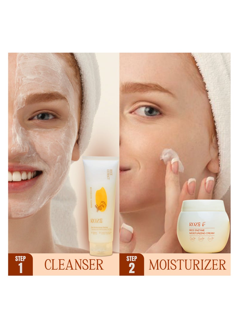 Roze Skin Care Set | Rice Facial Cleanser 120ml | Rice Enzyme Moisturizing Cream 50g | No Dark Spots | Radiant Glow