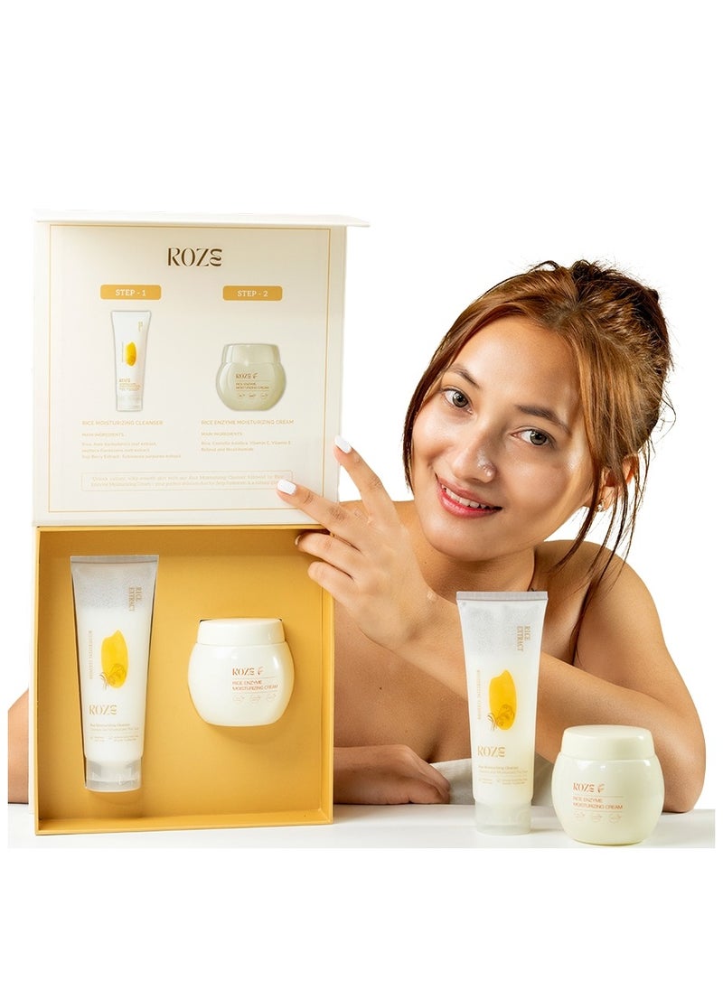 Roze Skin Care Set | Rice Facial Cleanser 120ml | Rice Enzyme Moisturizing Cream 50g | No Dark Spots | Radiant Glow