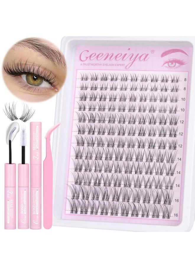 Geeneiya Clear Band Lash Clusters Kit with White Glue Natural Eyelash Clusters Kit 8-16MM Wispy Lash Extension Kit D Curl Individual Eyelash Extensions with Invisible Lash Bond and Seal for Beginners