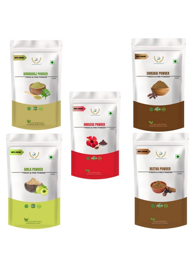 RAINTECH HERBALS Amla Reetha Shikakai Bhringraj And Hibiscus Powder Combo Pack For Hair Care Wash Healthy Scalp Nourishment Mask Helps To Control Dandruff Haifall Natural Cleanser, 5 Count