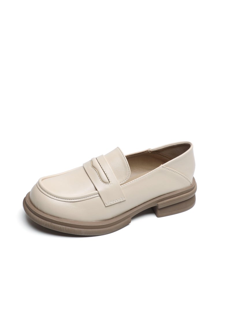 Solid Color Thick Soft Sole Round Toe Small Leather Shoes Beige
