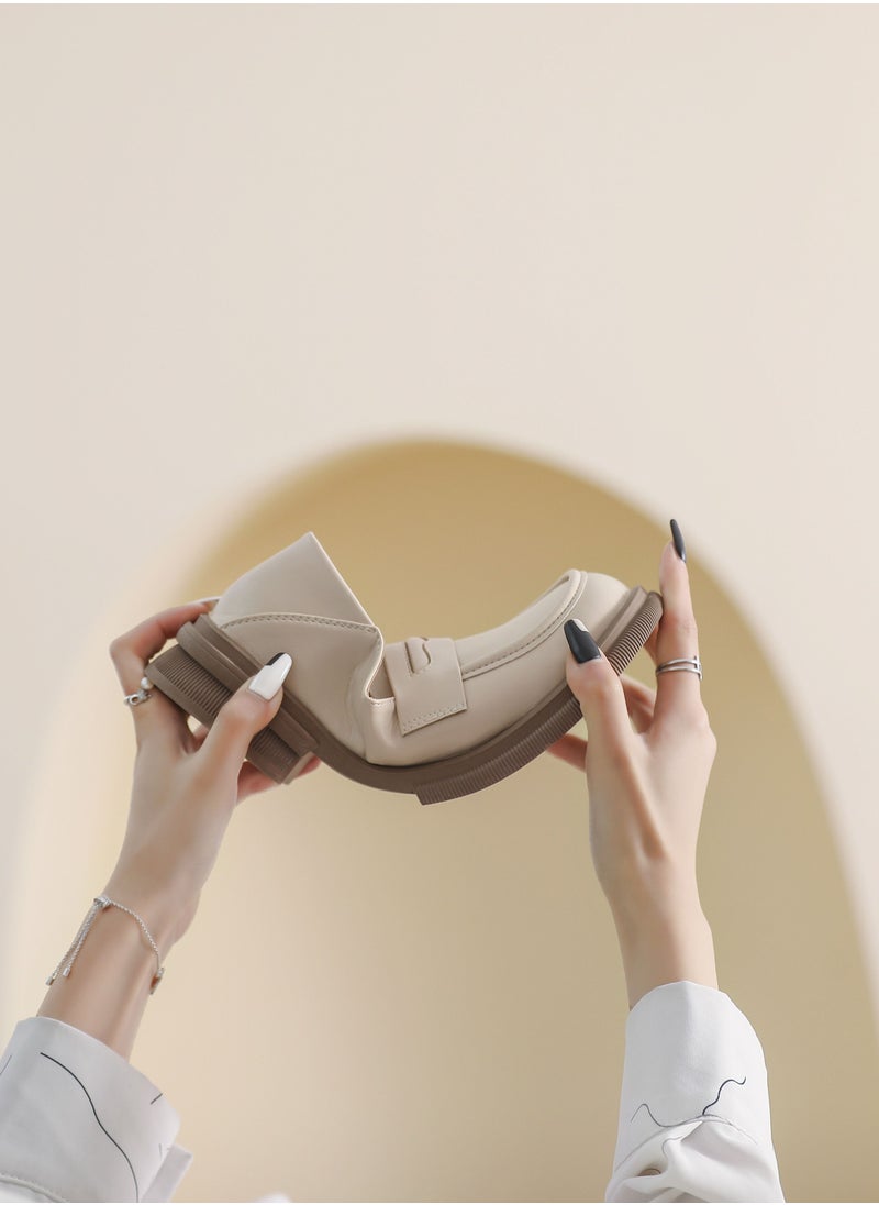 Solid Color Thick Soft Sole Round Toe Small Leather Shoes Beige