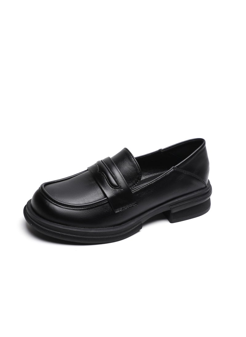 Solid Color Thick Soft Sole Round Toe Small Leather Shoes Black