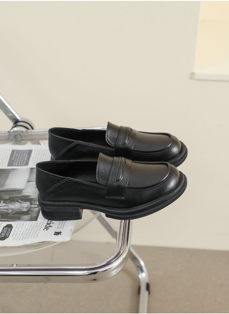 Solid Color Thick Soft Sole Round Toe Small Leather Shoes Black