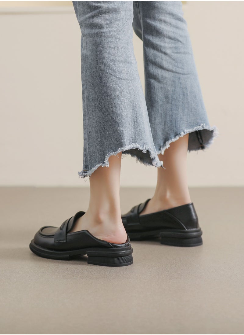 Solid Color Thick Soft Sole Round Toe Small Leather Shoes Black