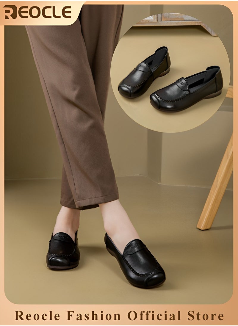 Women's Flat Shoes Dress PU Leather Slip on Shoes with Round Toe & Comfortable Lining & Hand Stitching