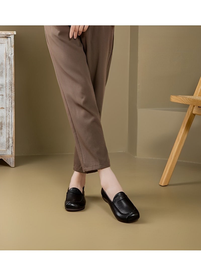 Women's Flat Shoes Dress PU Leather Slip on Shoes with Round Toe & Comfortable Lining & Hand Stitching