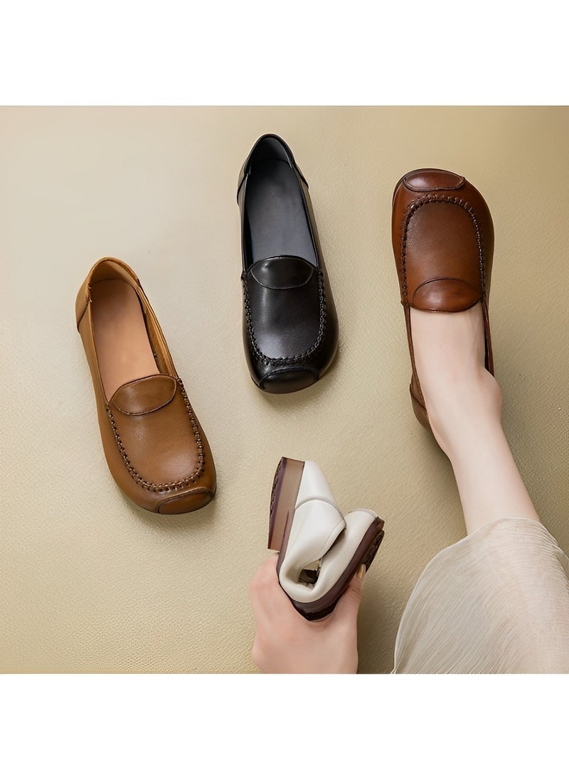 Women's Flat Shoes Dress PU Leather Slip on Shoes with Round Toe & Comfortable Lining & Hand Stitching