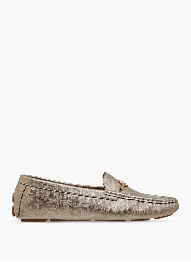 Women Textured Slip-On Loafers with Metal Accent