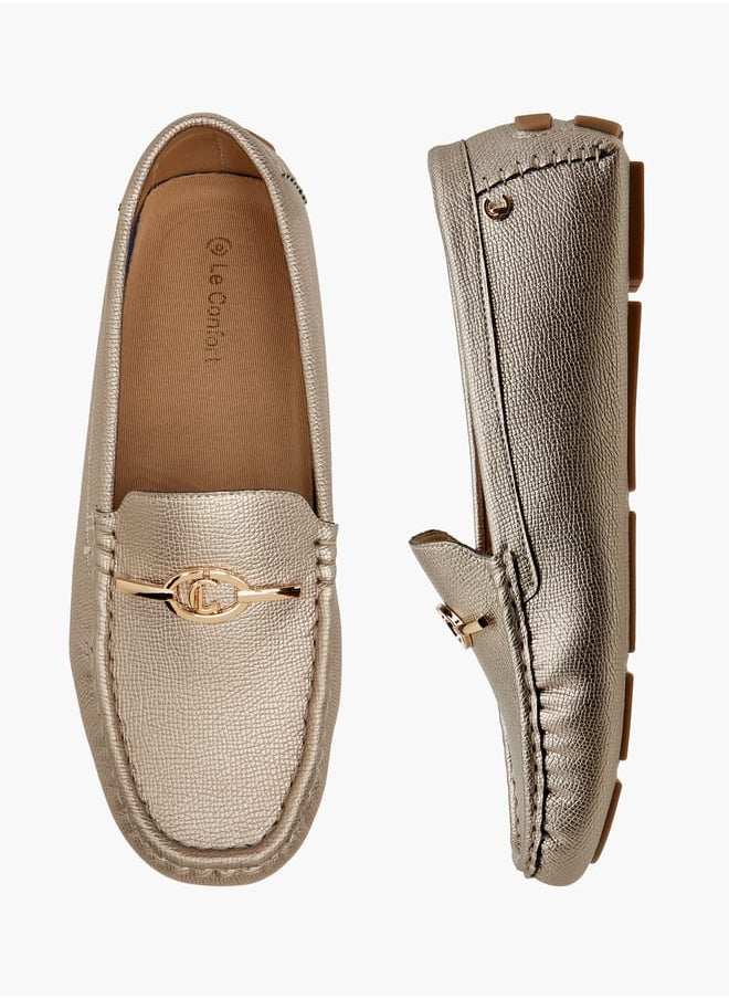 Women Textured Slip-On Loafers with Metal Accent