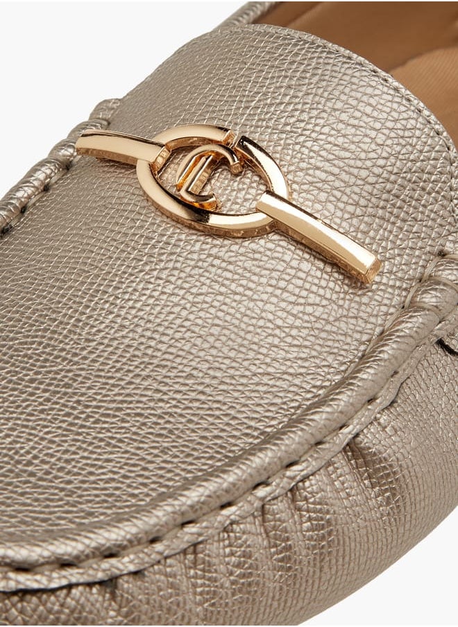 Women Textured Slip-On Loafers with Metal Accent