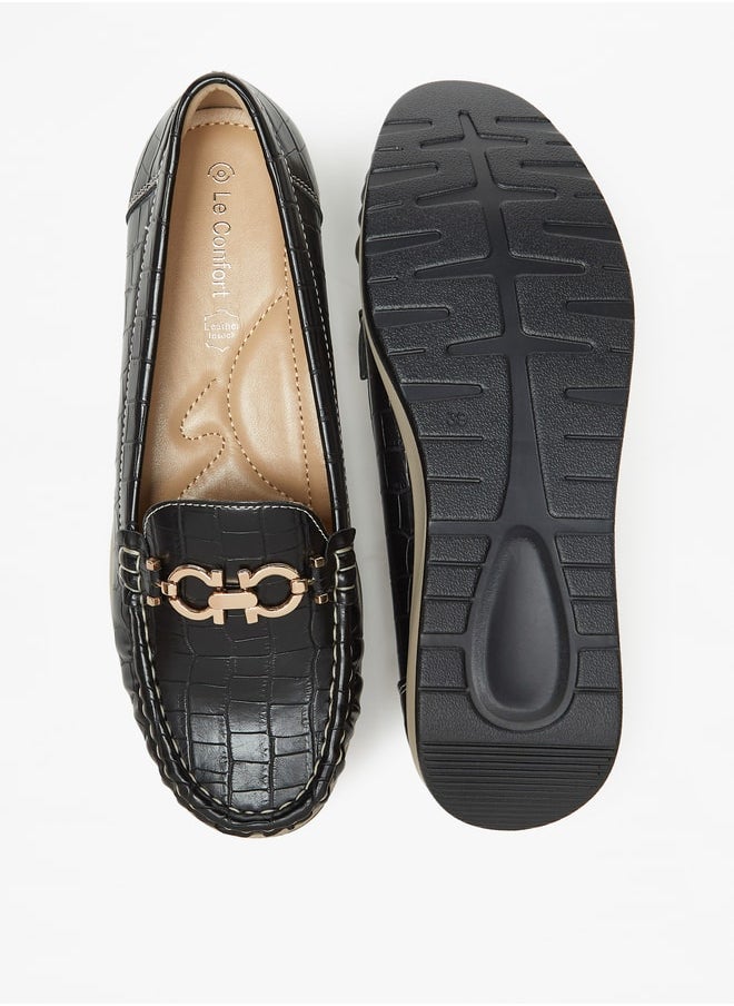 Women Textured Slip-On Loafers With Metal Accent Detail