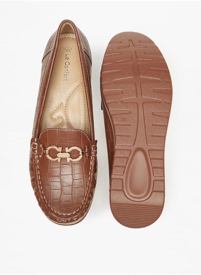 Women Textured Slip-On Loafers With Metal Accent Detail