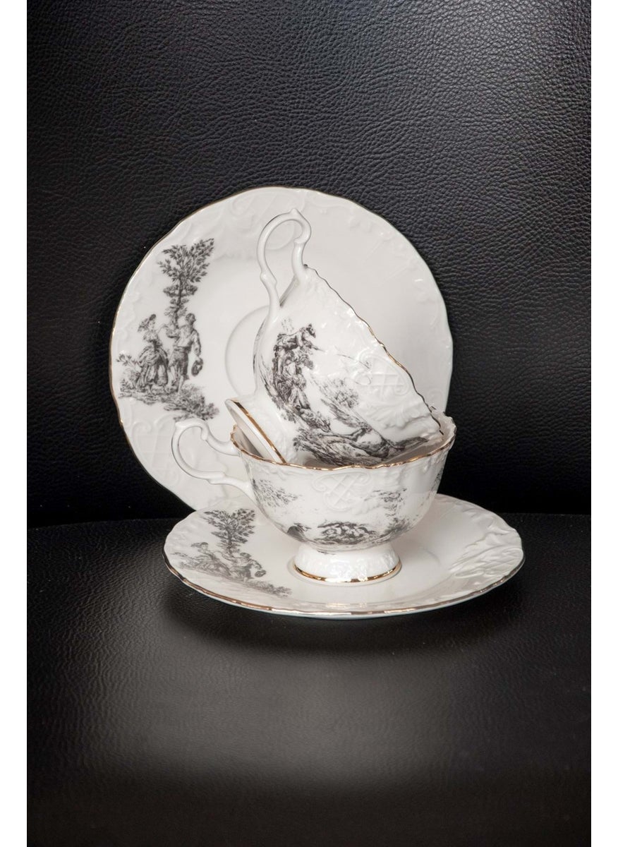 Bursa Porcelain Decor Black English Gold Gilded Bone Tea Cup Set for 2 Persons