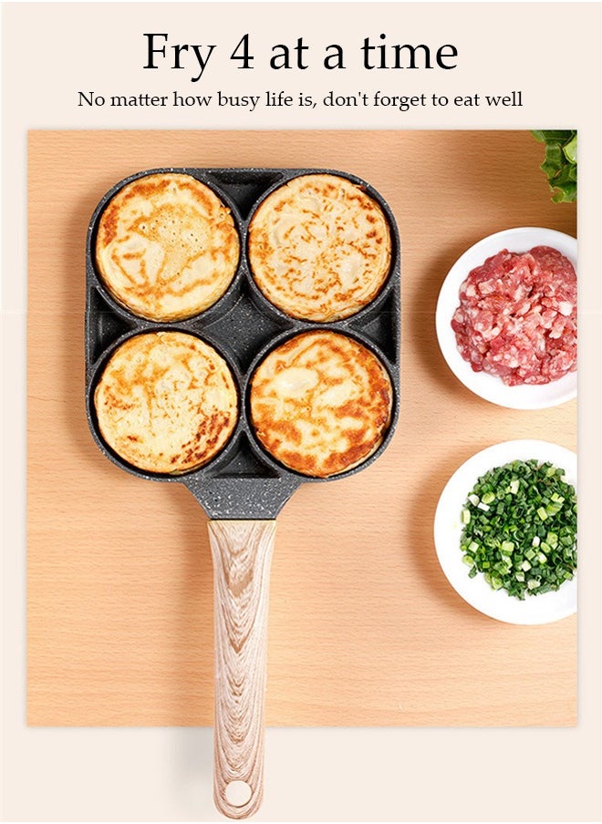 4-Hole Omelette Pan, Frying Egg Pan,Hamburger Maker With Wooden Handle, Breakfast Egg Hamburger Pancake Pan, Suitable For Hamburger Eggs Ham, Pancake Maker, Non-Stick Pan