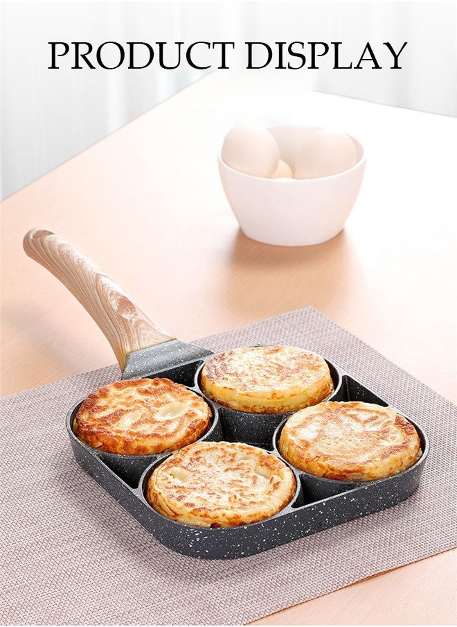 4-Hole Omelette Pan, Frying Egg Pan,Hamburger Maker With Wooden Handle, Breakfast Egg Hamburger Pancake Pan, Suitable For Hamburger Eggs Ham, Pancake Maker, Non-Stick Pan