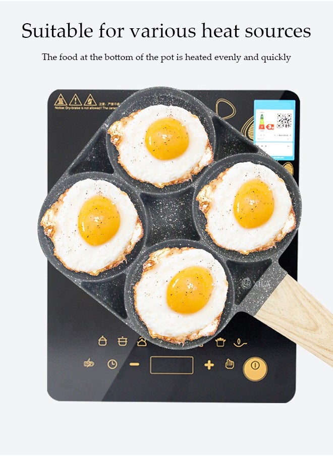 4-Hole Omelette Pan, Frying Egg Pan,Hamburger Maker With Wooden Handle, Breakfast Egg Hamburger Pancake Pan, Suitable For Hamburger Eggs Ham, Pancake Maker, Non-Stick Pan