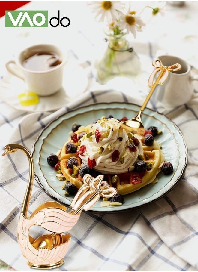 7PCS Spoon Set Stainless Steel Dessert Spoon Golden Tail With Bowknot Coffee Spoon With Spoon Storage Rack