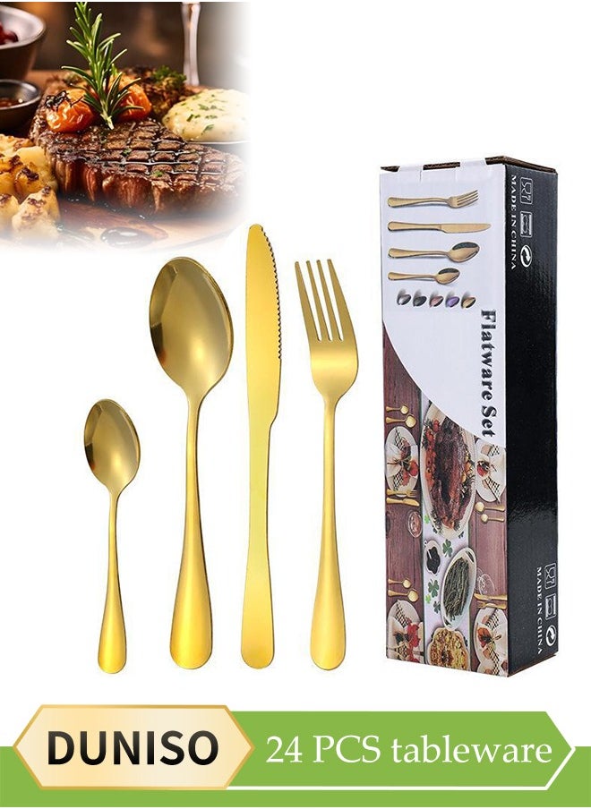 24 Pcs Stainless Steel Cutlery Set, Western Style Kitchen Utensil Set, Mirror Polished Tableware Set, With Knife, Fork, Spoon, Suitable For Family Dining, Kitchen，Gatherings,Gold
