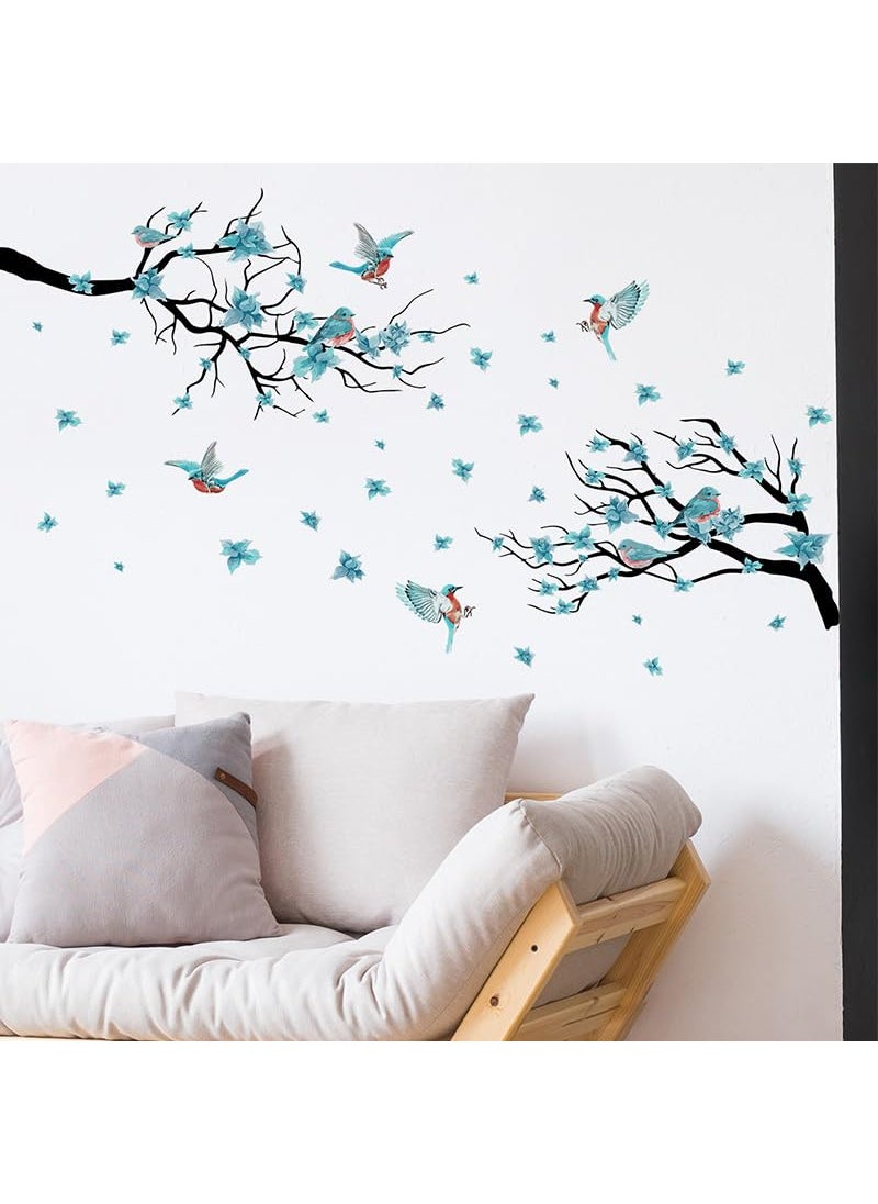 INDIAN ROYALS Skybluecolor Cartoon Flower on The Branches Birds Design Wall Art Decoration PVC Vinyl Removable Wall Sticker 40 CM x 60 CM 2PCS