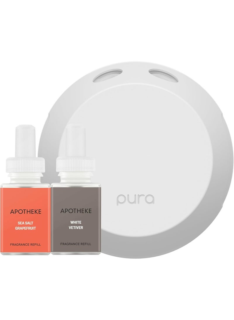 Pura Smart Home Fragrance Device Starter Set - Pura 4 - Scent Diffuser for Home - Includes Fragrance Aroma Diffuser - Rectangle Box, Sea Salt Grapefruit and White Vetiver Scent Refills