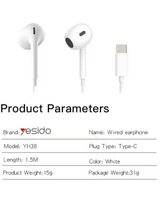 YH38 Type-C Wired Earphones with Microphone – High-Quality Stereo Sound, USB-C Earbuds with In-Line Controls for Music, Calls & Voice Assistants – Comfortable, Durable & Stylish for Smartphones – White