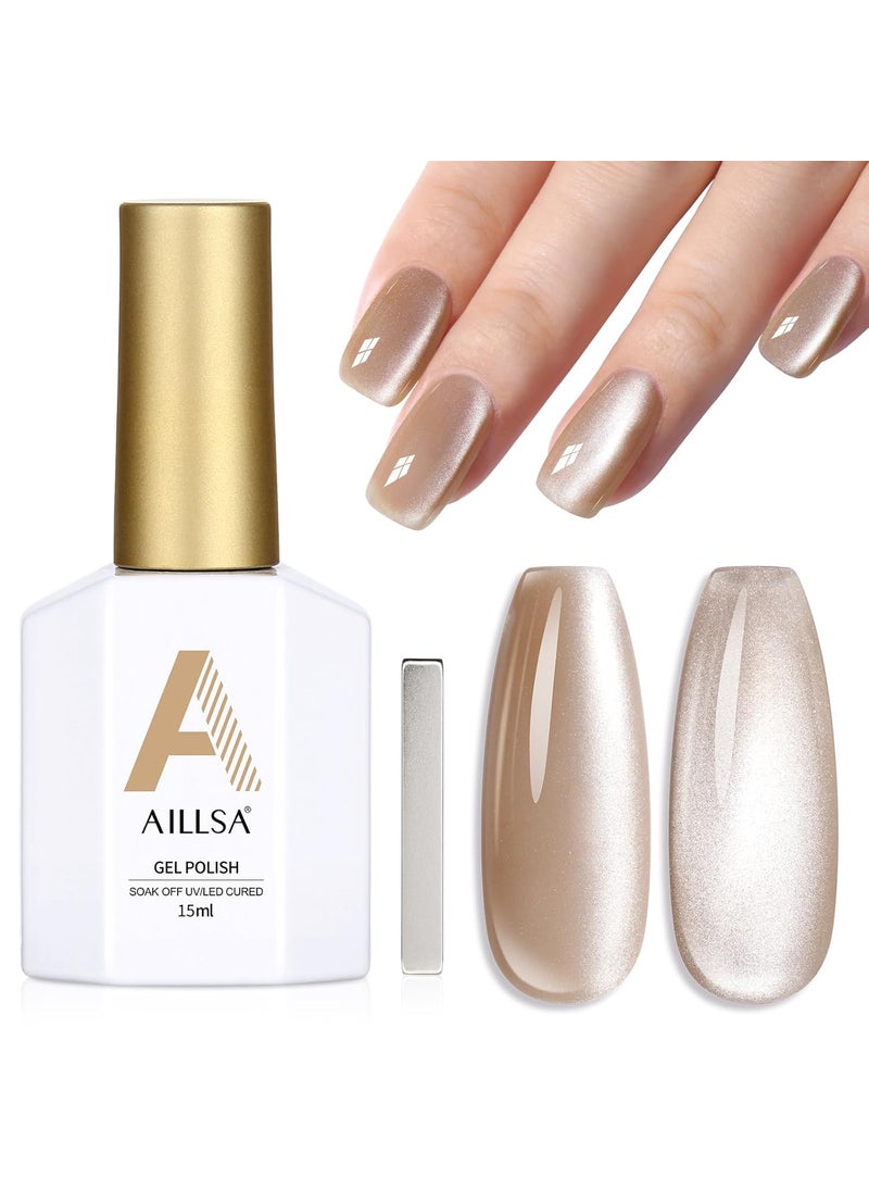 AILLSA Cat Eye Gel Nail Polish Champagne Gold Crystal Polish with Magnet, Jelly Glitter Glass Nail Polish Reflective Sparkle Translucent Shimmer Color U V Gel Salon DIY at Home 0.5 OZ GF29