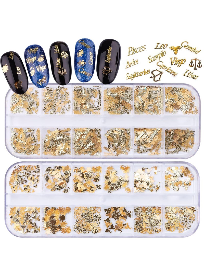 EBANKU 2 Boxes Zodiac Nail Charm, 3D Gold Twelve Constellation Charms for Nail Art, Alloy Nail Sequins Aquarius Nail Charms for Nail Art Decoration
