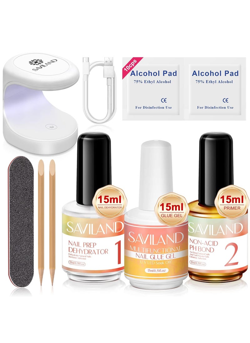 SAVILAND 6-in-1 Nail Glue Gel with Mini Nail Lamp x Nail Dehydrator and Primer 15 ML - Super Strong U V Extension Adhesive Gel Nail Glue for Press On Nails Polish Blooming Acrylic Nail Art Kit DIY