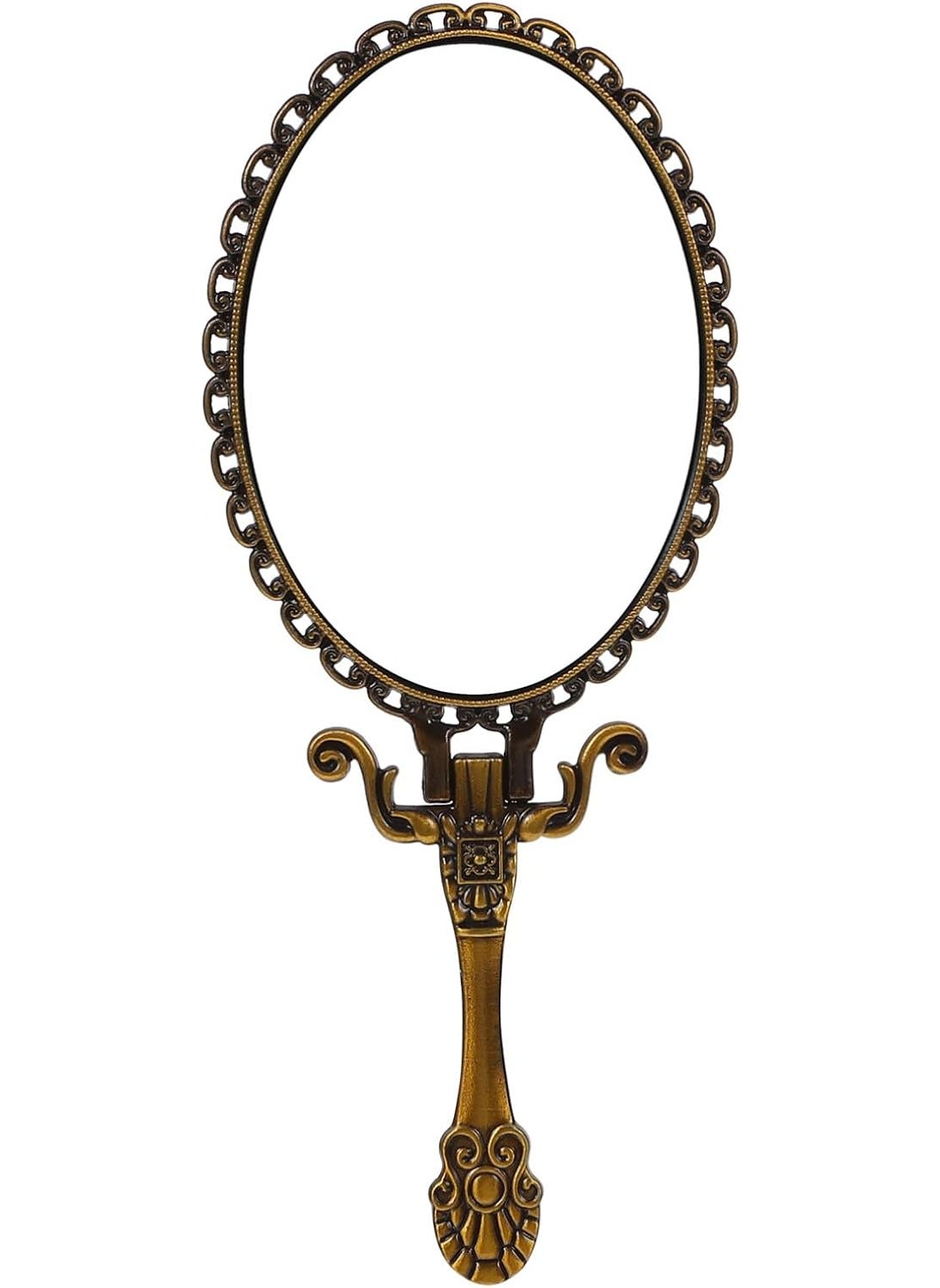 Lurrose Vintage Handheld Makeup Mirror Folding Handle Stand Antique Travel Cosmetic Mirror Bronze Back Foldable Embossed Flower Mirror