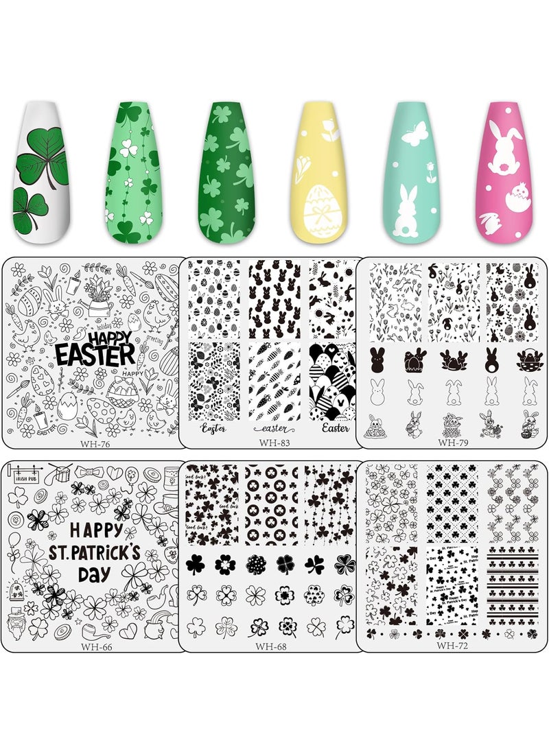Whaline 6Pcs St Patricks Day  Easter Nail Art Stamping Plates Kit Shamrock Bunny Rabbit Egg Image Stamp Templates Holiday Nail Art Plates for Irish Spring DIY Print Manicure Salon Gift