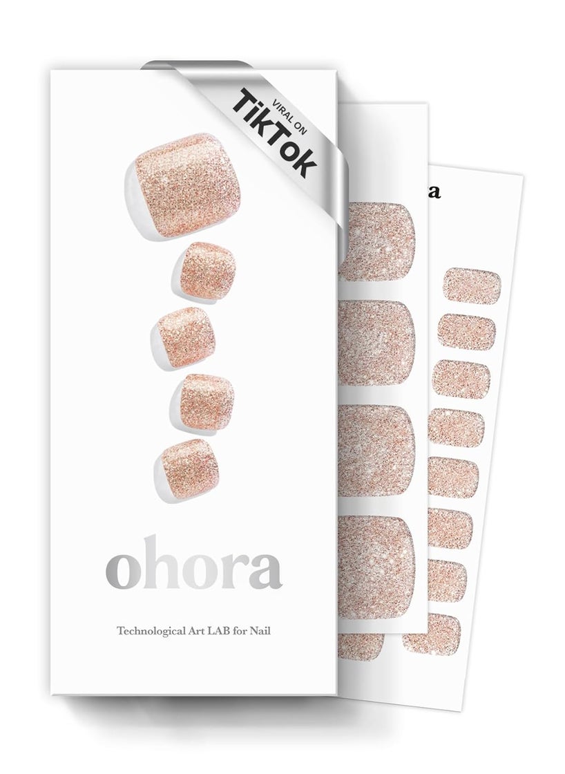 ohora Semi Cured Gel Nail Strips (P Diamant) - Nude, Glitter, Works with Any UV/LED Lamps, Salon-Quality, Long Lasting, Easy to Apply & Remove - Includes 2 Prep Pads, Nail File & Wooden Stick