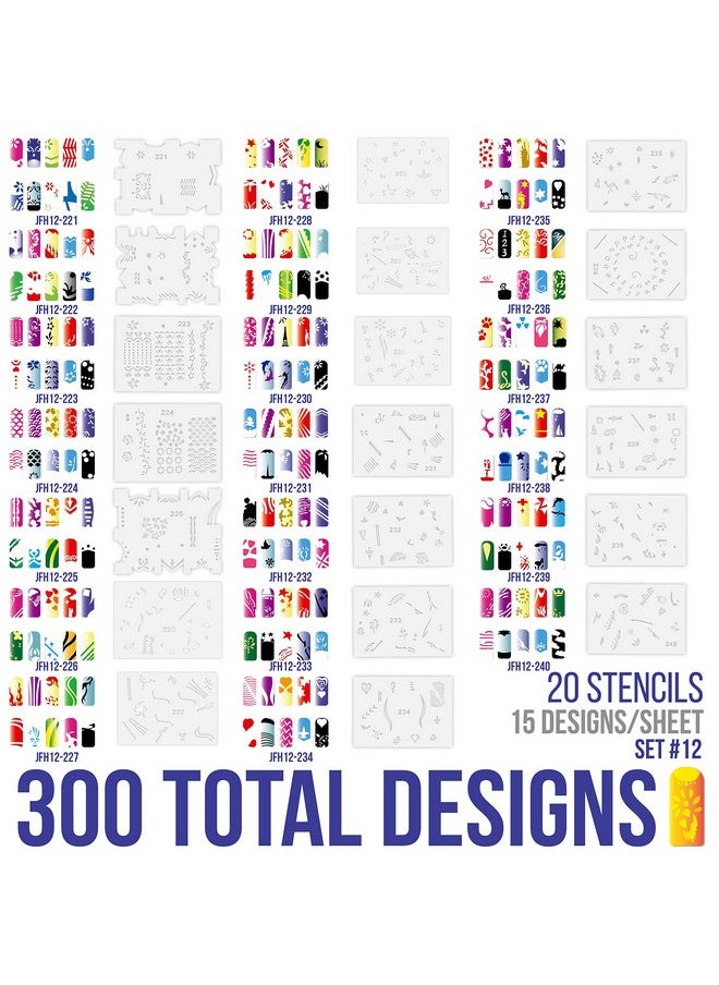 Custom Body Art Airbrush Nail Stencils - Design Series Set # 12 Includes 20 Individual Nail Templates with 18 Designs Each for a Total of 360 Designs of Series #12