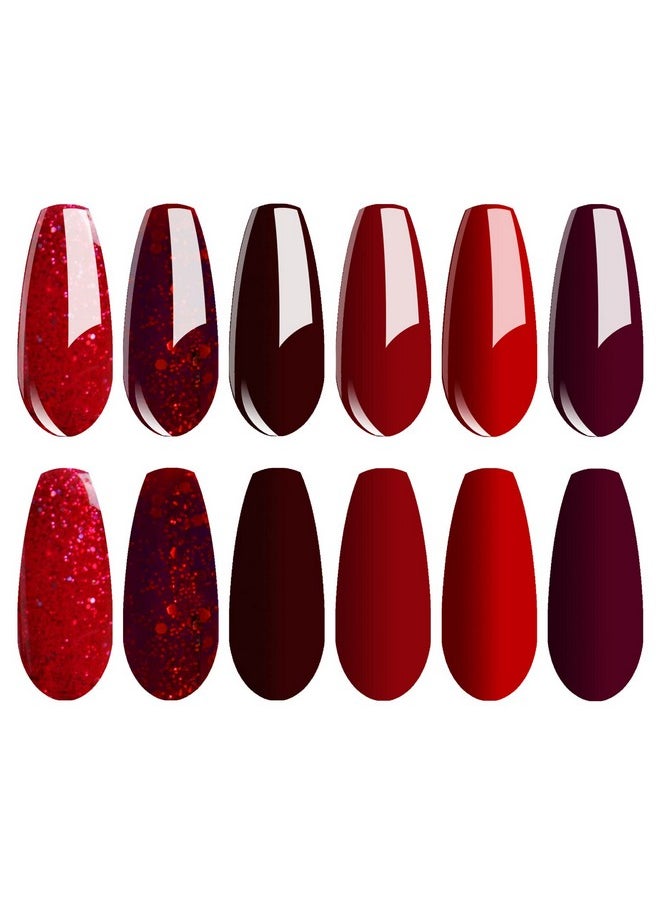 Vishine Burgandy Red and Red Glitter Gel Polish Set 6 Colors Long Lasting, Soak Off UV LED Gel 8ml Bottle