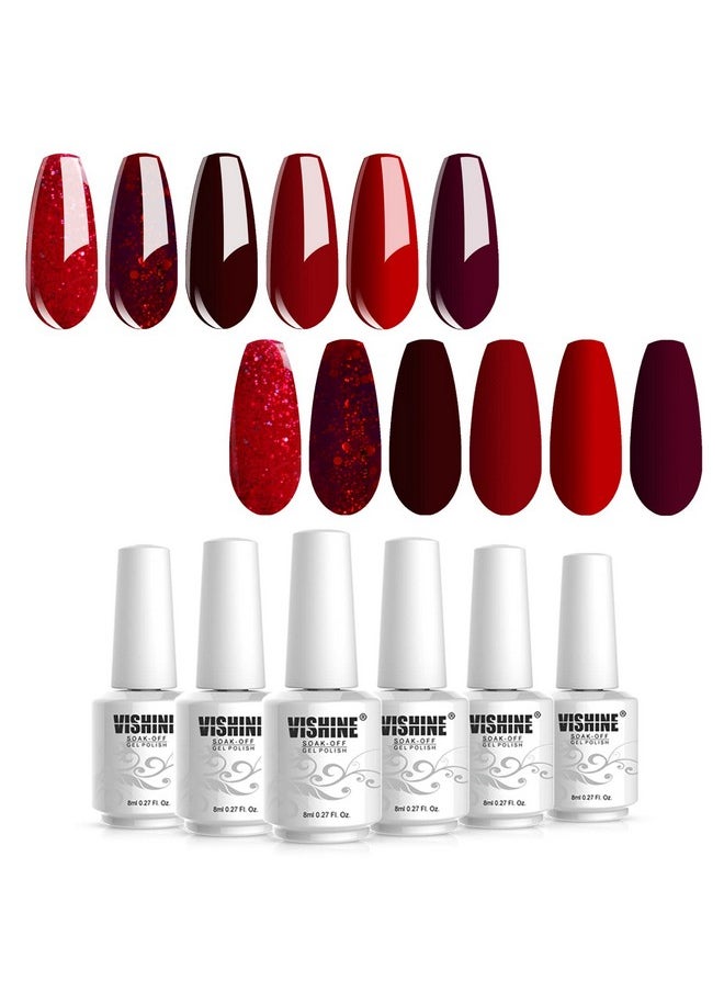 Vishine Burgandy Red and Red Glitter Gel Polish Set 6 Colors Long Lasting, Soak Off UV LED Gel 8ml Bottle