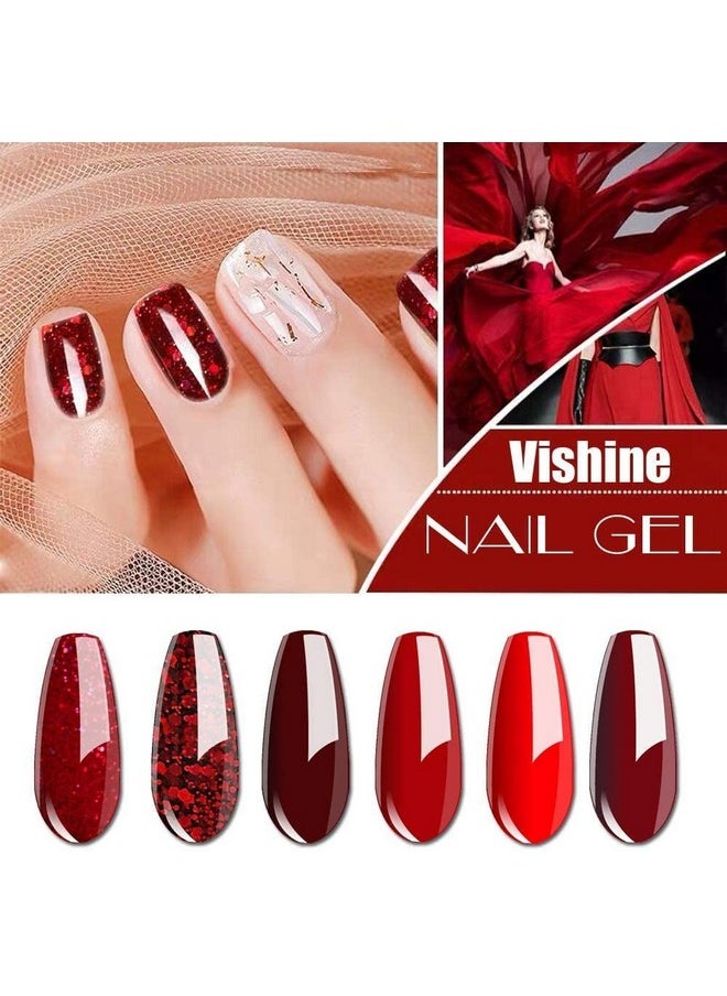 Vishine Burgandy Red and Red Glitter Gel Polish Set 6 Colors Long Lasting, Soak Off UV LED Gel 8ml Bottle