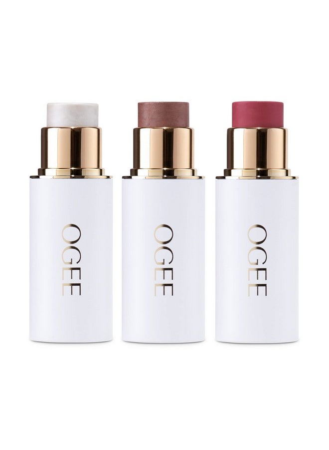 Ogee Face Stick Crystal Collection Trio - Contour Stick Makeup Collection - Certified Organic Contour Palette - Includes Bronzer Stick, Blush Stick & Highlighter Stick
